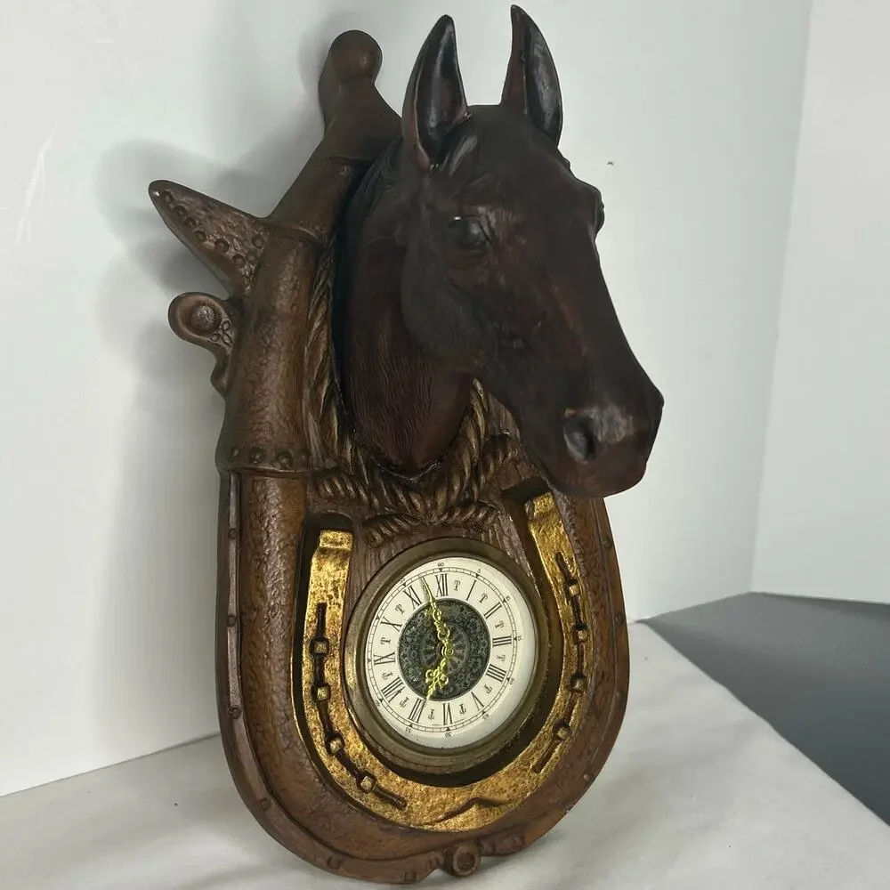 Vintage Horse Head Horseshoe Wall Clock Working German Wind Up Equestrian Decor